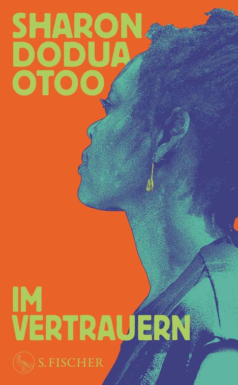 Text: "SHARON DODUA OTOO, IM VERTRAUEN". Darstellung einer Frau in blau-türkis auf einem orange Hintergrund, seitlich.