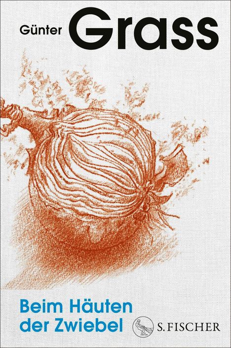 "Günter Grass", "Beim Häuten der Zwiebel", "S. Fischer". Illustration einer gezeichneten Zwiebel in Braun- und Rottönen.