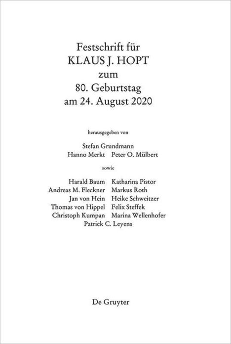 Festschrift für Klaus J. Hopt zum 80. Geburtstag, Buch
