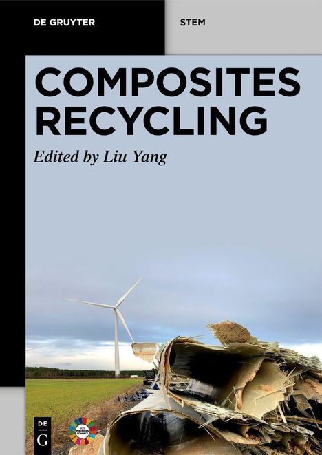 "Composites Recycling, Edited by Liu Yang." Oben Windrad, vorne zerkleinerte Materialien, Logo von DE GRUYTER oben links.