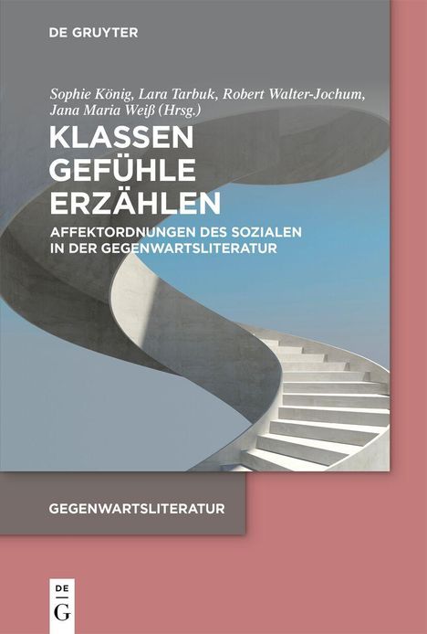 "KLASSEN GEFÜHLE ERZÄHLEN" in Weiß auf grauem Hintergrund, darüber eine grafische Spiraltreppe unter blauem Himmel.