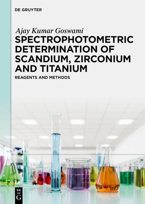 Buchtitel "Spectrophotometric Determination of Scandium, Zirconium and Titanium". Bild von farbigen Laborgefäßen.