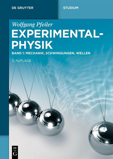"EXPERIMENTAL-PHYSIK", "Mechanik, Schwingungen, Wellen". Fünf silberne Kugeln schwingen auf bläulichem Hintergrund.