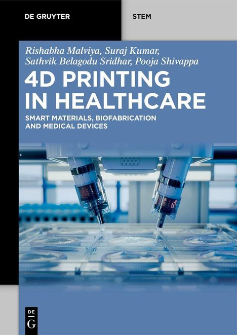 Text: "4D PRINTING IN HEALTHCARE: SMART MATERIALS...". Hintergrund: Bild zeigt 3D-Drucker im Einsatz, modern und technisch.