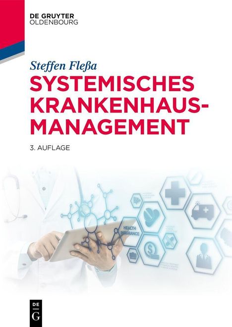 „Systemisches Krankenhausmanagement, 3. Auflage“ in großer roter Schrift. Arzt mit Tablet, medizinische Symbole.