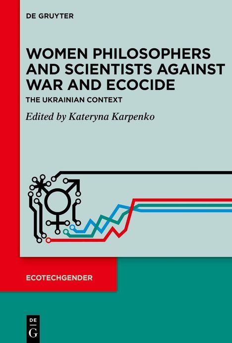 "WOMEN PHILOSOPHERS AND SCIENTISTS AGAINST WAR AND ECOCIDE" in Schwarz. Rotes und türkisfarbenes Design.