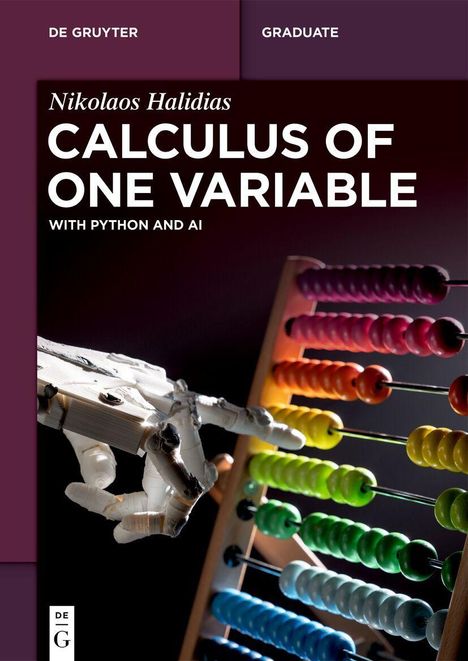 "Calculus of One Variable", Roboterhand berührt einen bunten Abakus, modern und technologisch inspiriert.