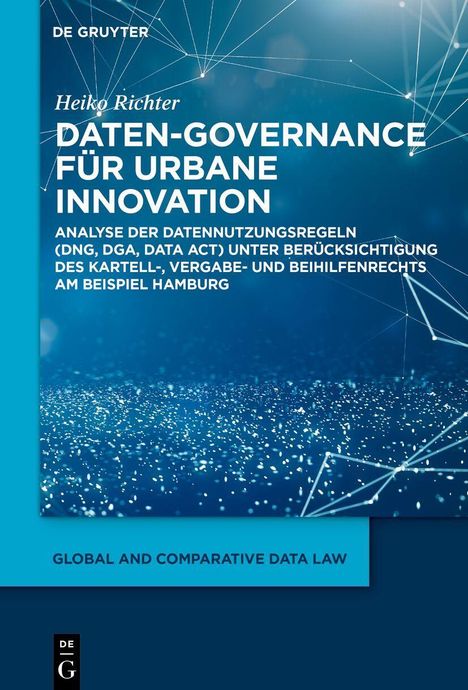 Titel: „Daten-Governance für urbane Innovation“. Autor: Heiko Richter. Blaues Hintergrunddesign mit Lichtpunkten.