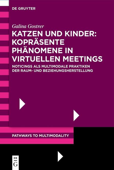 Cover mit Text: "KATZEN UND KINDER: KOPRÄSENTE PHÄNOMENE IN VIRTUELLEN MEETINGS" von Galina Gostrer, Farben: Lila und Pink.