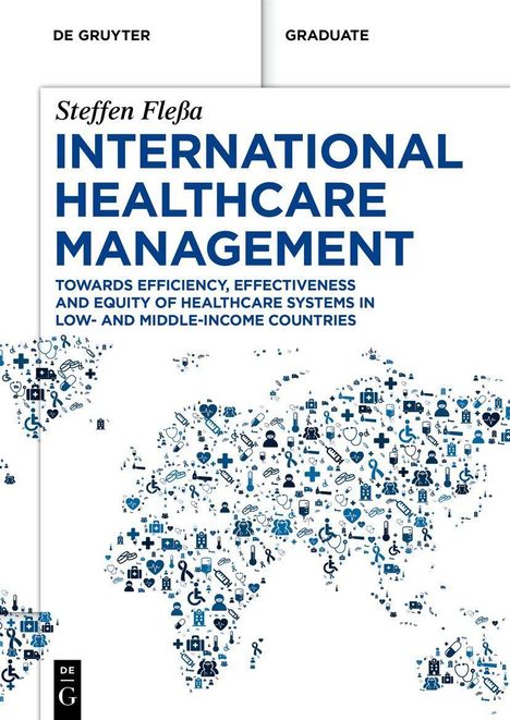 "Steffen Flessa, International Healthcare Management" steht in großen blauen Buchstaben über einer Weltkarte aus Gesundheits-Symbolen.