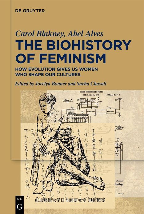Titel: "The Biohistory of Feminism". Illustration: Zwei sitzende Figuren, umgeben von techn. Zeichnungen und japanischem Text.