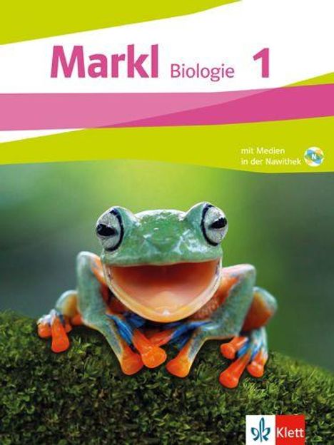 "Markl Biologie 1" steht oben. Ein bunter Frosch sitzt auf Moos, darunter das Klett-Logo.