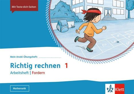 Mein Anoki-Übungsheft: Richtig rechnen 1. Arbeitseft | Fordern. Illustration: ein Kind läuft über ein Hüpfspiel.