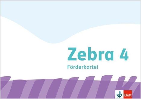 „Zebra 4 Förderkartei“ steht in Türkis. Unten rechts ist ein Klett-Logo. Der Hintergrund hat lila Streifen.