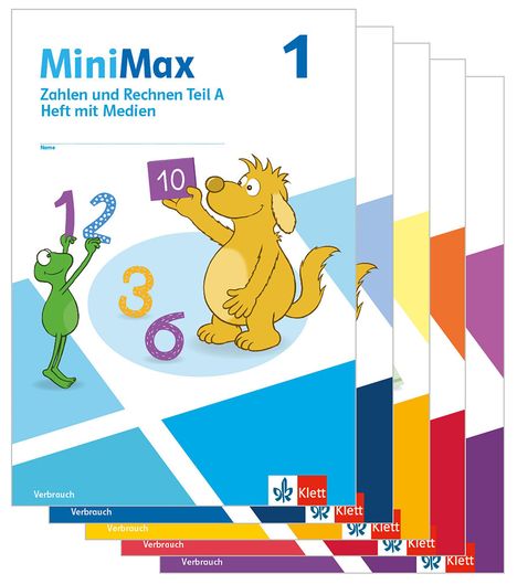 „MiniMax Zahlen und Rechnen Teil A“, Zahl 1; Illustration mit Frosch, Hund, Zahlen 1-10; Klett-Logos unten.