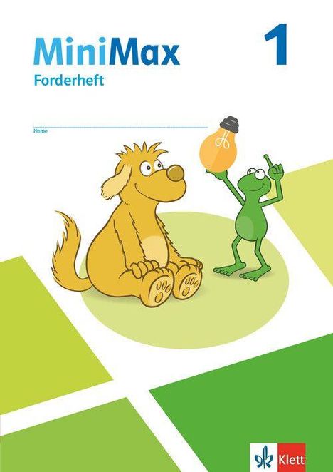 Text: "MiniMax Förderheft 1." Illustration eines gelben Hundes neben einem grünen Frosch mit Glühbirne.