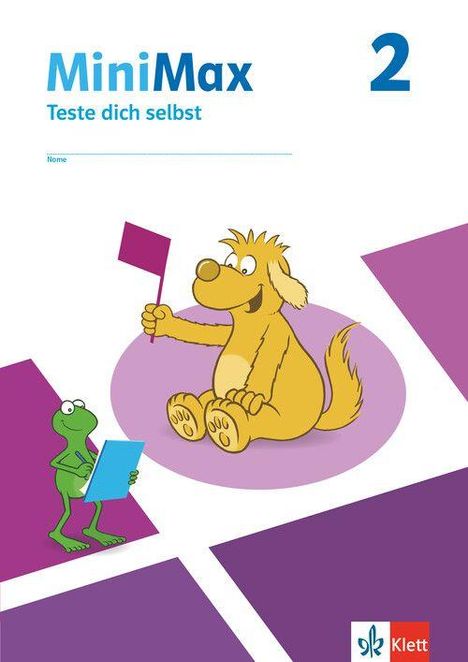 Text: "MiniMax 2, Teste dich selbst". Illustration: Hund mit roter Fahne, grüner Frosch liest. Logo von Klett unten rechts.
