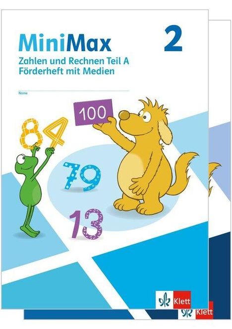 "MiniMax 2 - Zahlen und Rechnen Teil A, Förderheft mit Medien." Ein Frosch und ein Hund mit Zahlen und buntem Design.