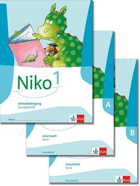 "Niko 1, Schreiblehrgang Grundschrift." Drei Hefte übereinander, illustriert mit einem grünen Drachen, der ein Buch liest.