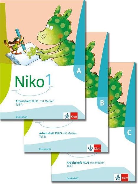 Niko 1, Arbeitsheft PLUS mit Medien Teil A, B, C, Klett. Illustration eines grünen Drachen, der malt.