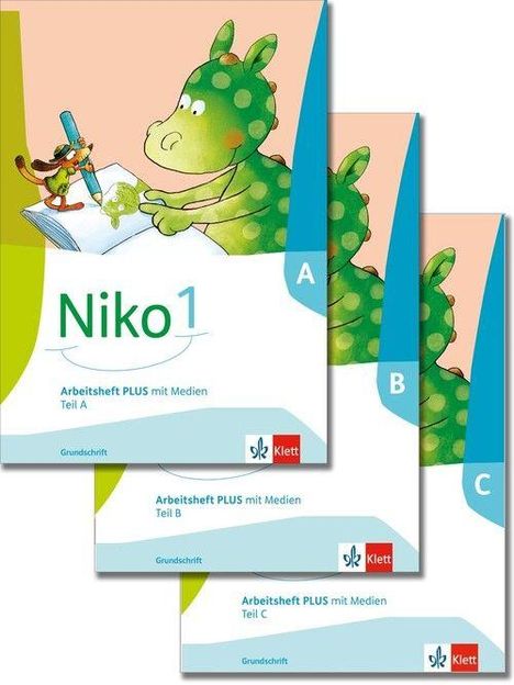 Arbeitsheft PLUS mit Medien, Teile A-C. Illustration eines grünen Drachens, der mit einem Vogel in einem Buch malt.