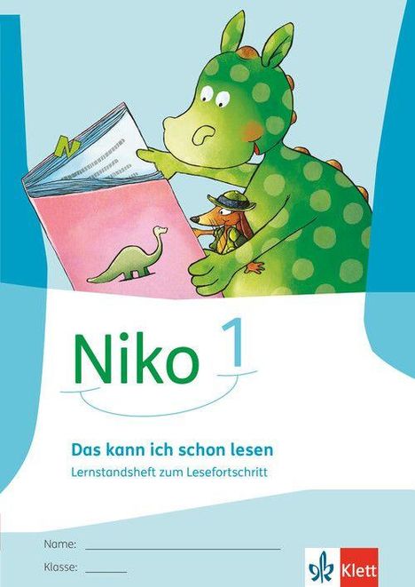 "Niko 1. Das kann ich schon lesen. Lernstandsheft zum Lesefortschritt. Illustration: Grüner Dinosaurier liest Buch."