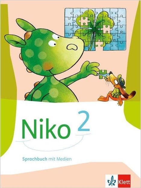 "Niko 2"; Sprachbuch mit Medien. Illustration mit Dinosaurier und Maus vor Puzzle mit Kleeblatt. Klett Logo unten.