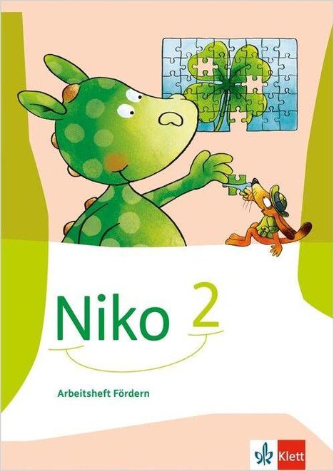 "Niko 2: Arbeitsheft Fördern" steht auf einem bunten, kindgerechten Cover mit einem Dinosaurier und Frosch vor einem Puzzle.