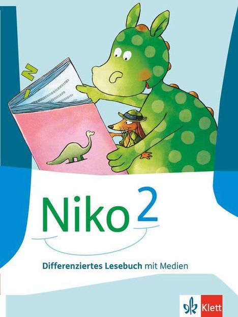 "Niko 2", "Differenziertes Lesebuch mit Medien". Illustration eines grünen Drachens mit einem Buch.