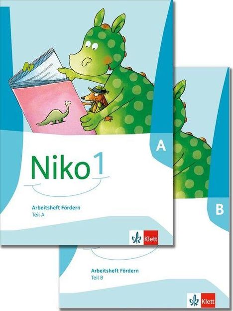 "Niko 1, Arbeitsheft Fördern, Teil A, Klett-Logo. Illustration: Grüner Drache mit Buch."