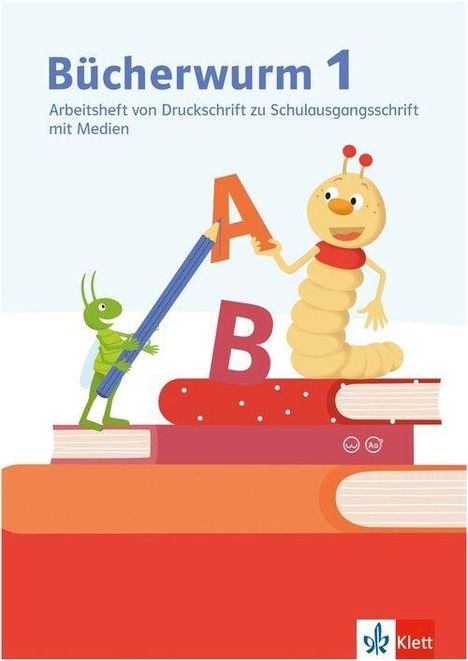„Bücherwurm 1“ und „Arbeitsheft von Druckschrift zu Schulausgangsschrift mit Medien“. Ein Wurm und eine Grille mit Buchstaben A und B.