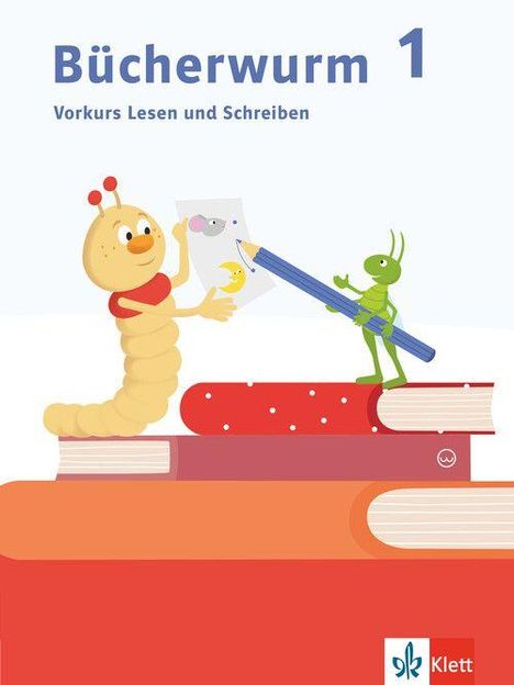 „Bücherwurm 1: Vorkurs Lesen und Schreiben.“ Illustration: Ein Wurm und eine Ameise halten Stift und Papier.