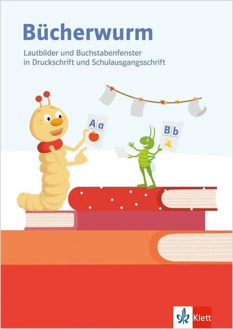 "Bücherwurm: Lautbilder und Buchstabenfenster in Druckschrift und Schulausgangsschrift." Ein Wurm zeigt einem Käfer Buchstaben.