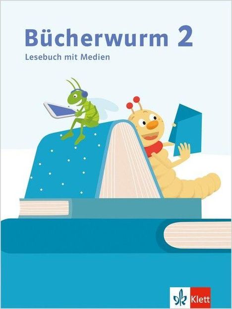 "Bücherwurm 2, Lesebuch mit Medien." Ein Cartoon-Bücherwurm liest auf einem Buch. Links unten ist ein Klett-Logo.