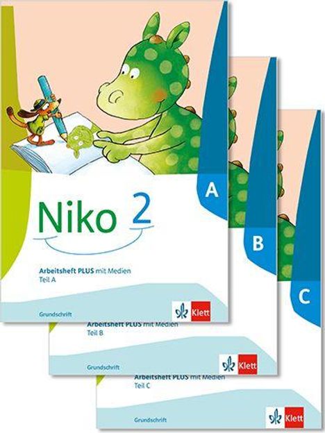 "Niko 2", Grundschrift Arbeitsheft PLUS mit Medien für Teil A, B, C. Illustration: Drache malt mit kleiner Figur.