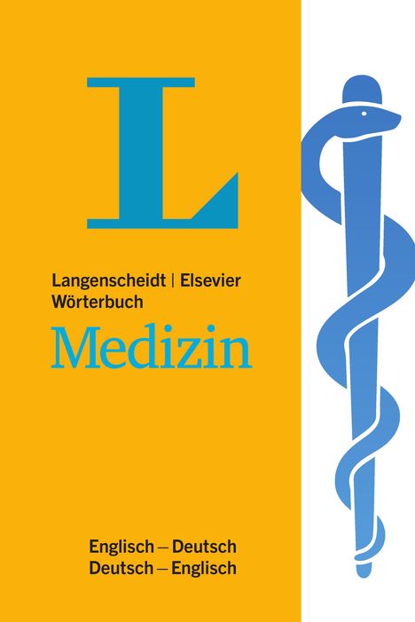 Langenscheidt | Elsevier Wörterbuch Medizin. Englisch–Deutsch, Deutsch–Englisch. Links großes blaues L, rechts Stab mit Schlange.