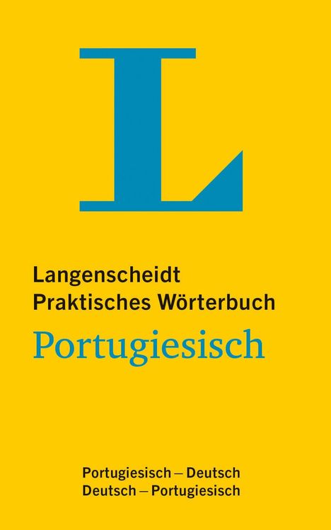 Langenscheidt Praktisches Wörterbuch Portugiesisch. Großes blaues "L" auf gelbem Hintergrund.