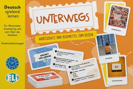 "Unterwegs: Wortschatz und Redemittel zum Reisen" auf orange-weißem Hintergrund, Karten und Bilder zum Thema Reisen.