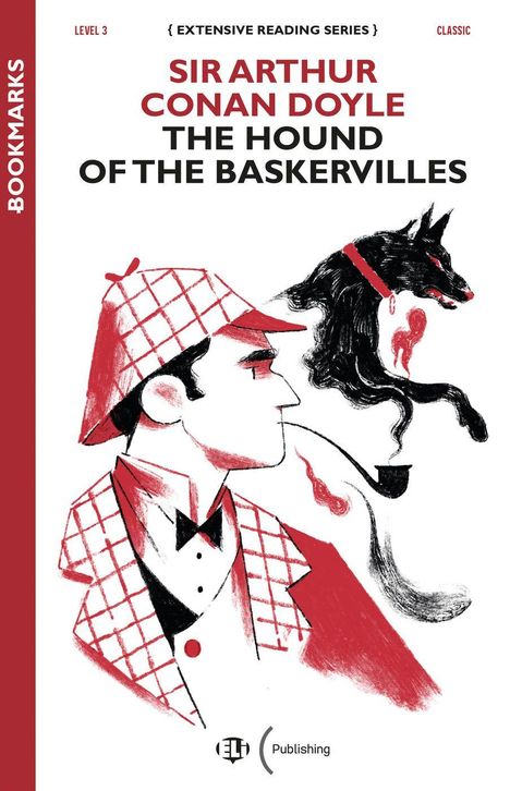 "SIR ARTHUR CONAN DOYLE, THE HOUND OF THE BASKERVILLES" in Großbuchstaben. Zeichnung: Detektiv im karierten Mantel, Pfeife, schwarzer Hund.