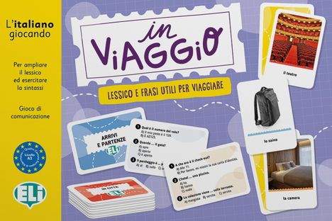 „Viaggio“, „LESSICO E FRASI UTILI PER VIAGGIARE“. Spielkarten, Fotos von Theater, Rucksack, Hotelzimmer.