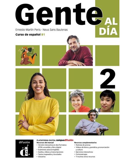Text: "Gente al Día", "Curso de español B1", "2", "Recursos del manual", "Recursos complementarios". Verschiedene Personen und ein Logo.