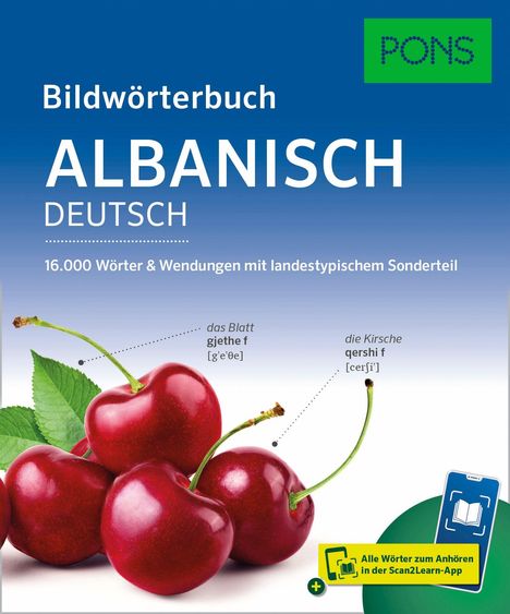 "Bildwörterbuch Albanisch-Deutsch. 16.000 Wörter. Drei Kirschen, grüner Hintergrund, PONS-Logo."