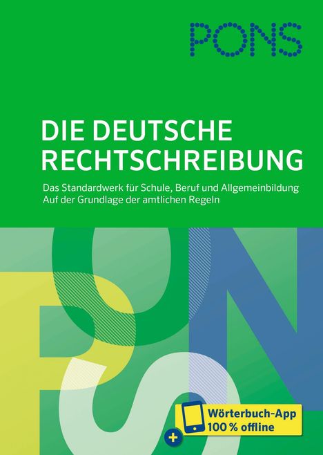 Grüner Hintergrund, Text: "DIE DEUTSCHE RECHTSCHREIBUNG", "Standardwerk", Logo oben rechts, bunte Formen unten.