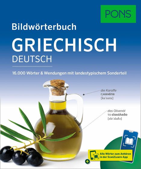 Titel: Bildwörterbuch Griechisch-Deutsch. Glas Karaffe mit Olivenöl, Olivenzweig. PONS-Logo oben rechts.