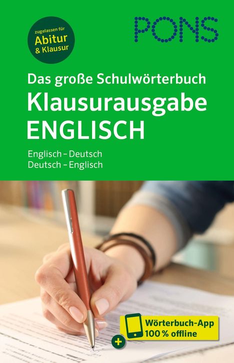 “Zugelassen für Abitur & Klausur”; PONS-Logo oben; Hand schreibt mit Stift auf Papier; grüner Hintergrund.