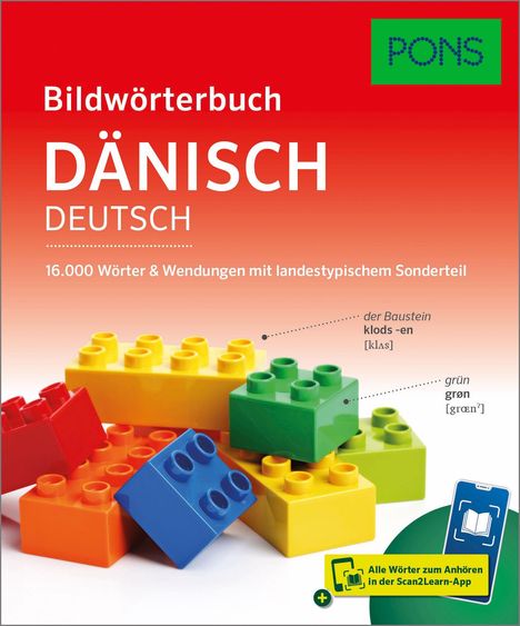 Text: "Bildwörterbuch DÄNISCH DEUTSCH", "16.000 Wörter & Wendungen", "der Baustein", "grün grøn", "Alle Wörter zum Anhören...". Logo: PONS. Darunter bunte Bausteine.