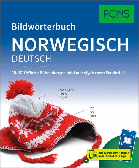 Titel: "Bildwörterbuch Norwegisch Deutsch". Bild: rote gestrickte Mütze mit weißen Mustern.