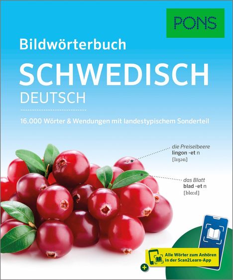 Text: "Bildwörterbuch Schwedisch Deutsch… die Preiselbeere… das Blatt… Alle Wörter zum Anhören in der Scan2Learn-App." Preiselbeeren.