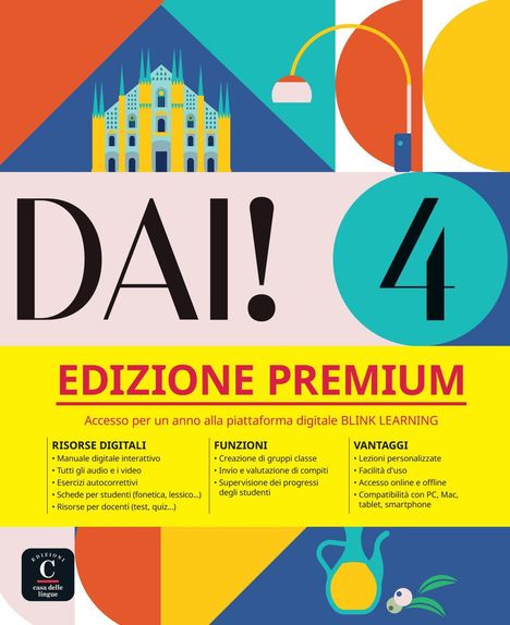 "DAI! 4 EDIZIONE PREMIUM" in großen Buchstaben. Buntes Design mit Illustration einer Kirche und geometrischen Formen.
