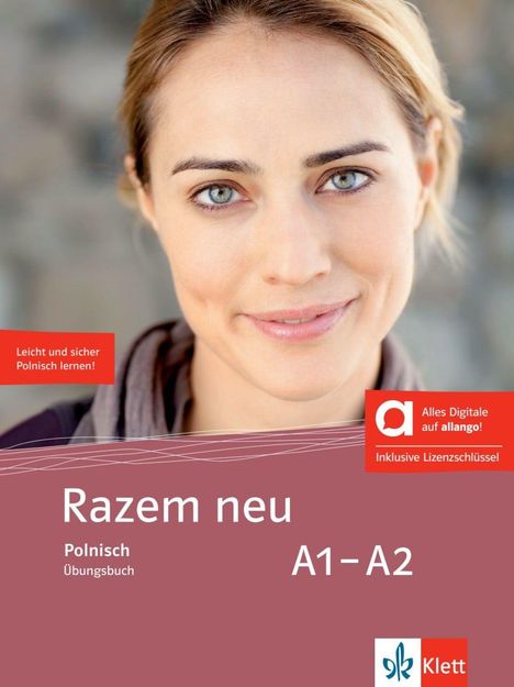 "Razem neu, Polnisch Übungsbuch A1-A2." Eine lächelnde Frau im Vordergrund; Logos von Klett und allango.